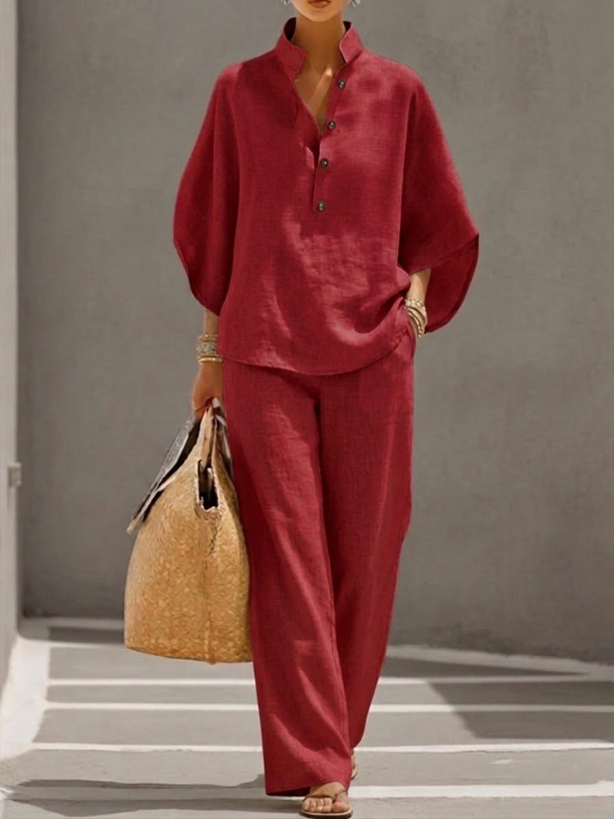 Plus Size Friendly Women’s Batwing Sleeve Linen Cotton Two-Piece Set – Casual Shirt & Wide Leg Pants Outfit - Nordfashionstorm - Women's Clothing, Fashion for You - Nordfashionstorm.com