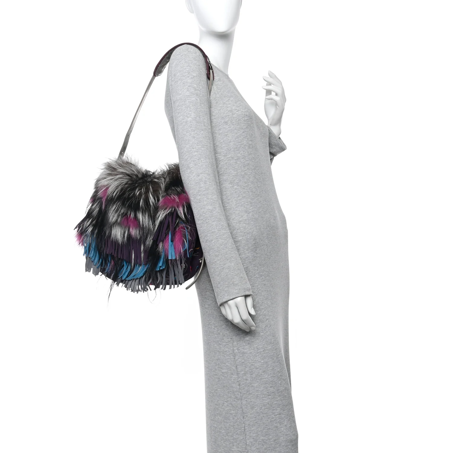 Fox Fur Suede Floral Embroidered Biker Shoulder Bag