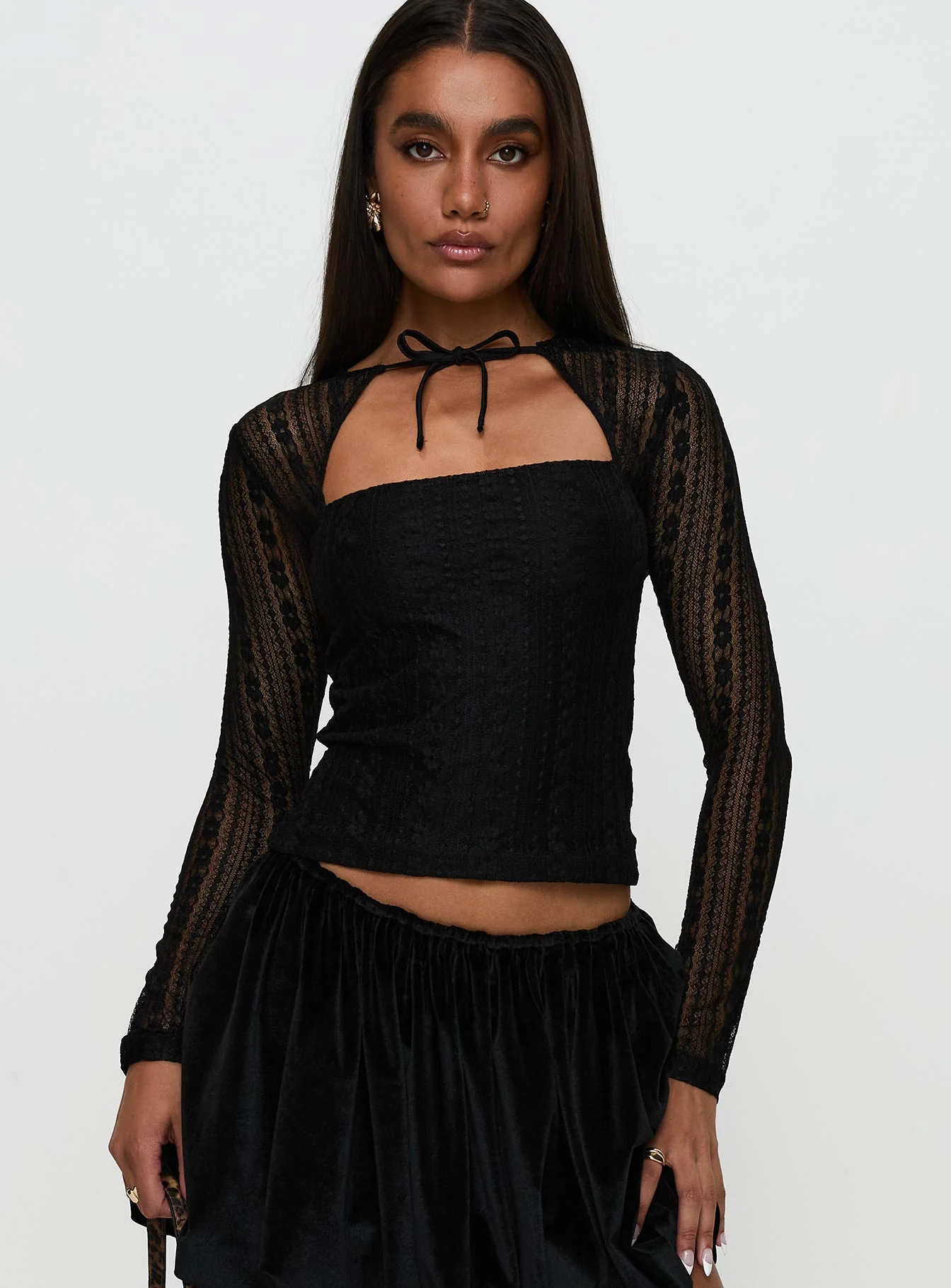 Worth My Time Tie Neck Cut Out Top Black