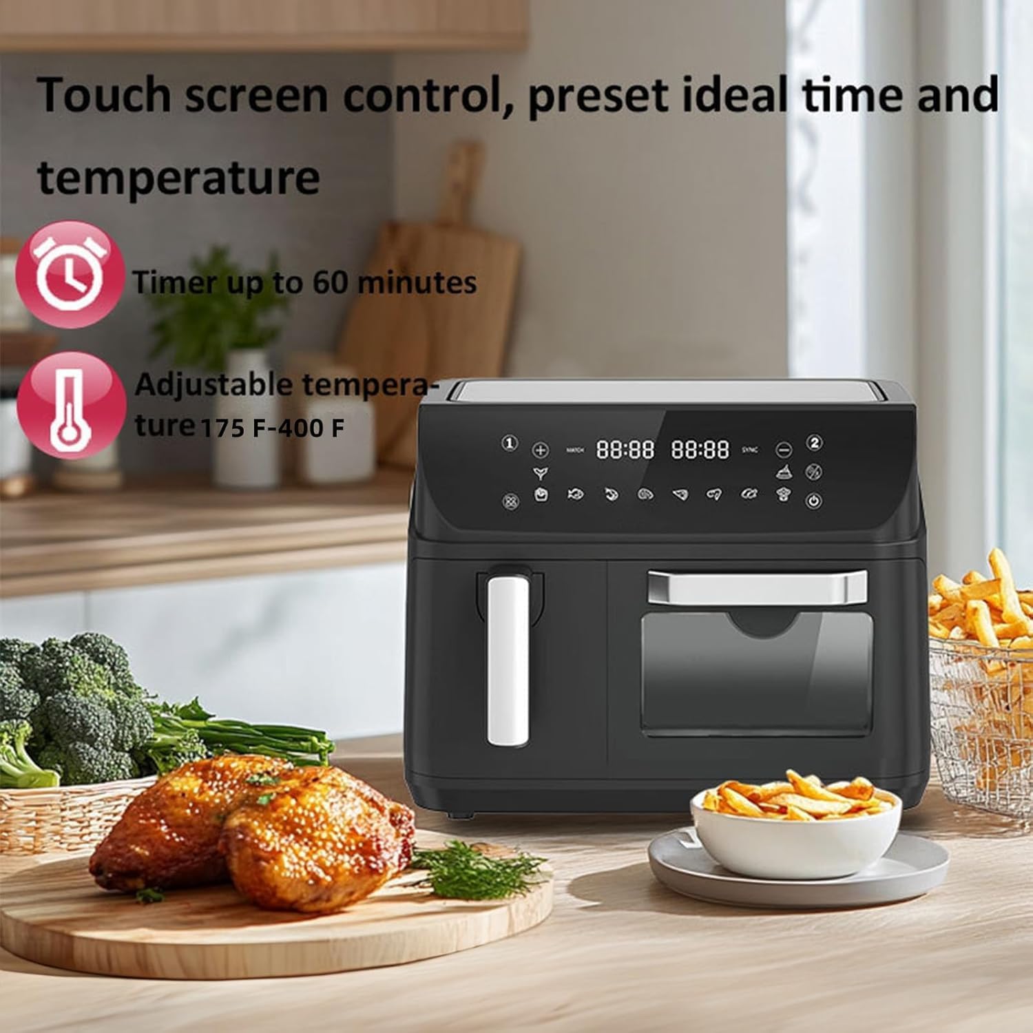 Friggitrice ad Aria con Doppio Cestello, Tostapane Friggitrice ad Aria da 12,5 Litri con Temperatura Regolabile 80-200°C, Timer 60 Minuti, Maniglia Antiscottatura, Piedini Antiscivolo, 2400 W
