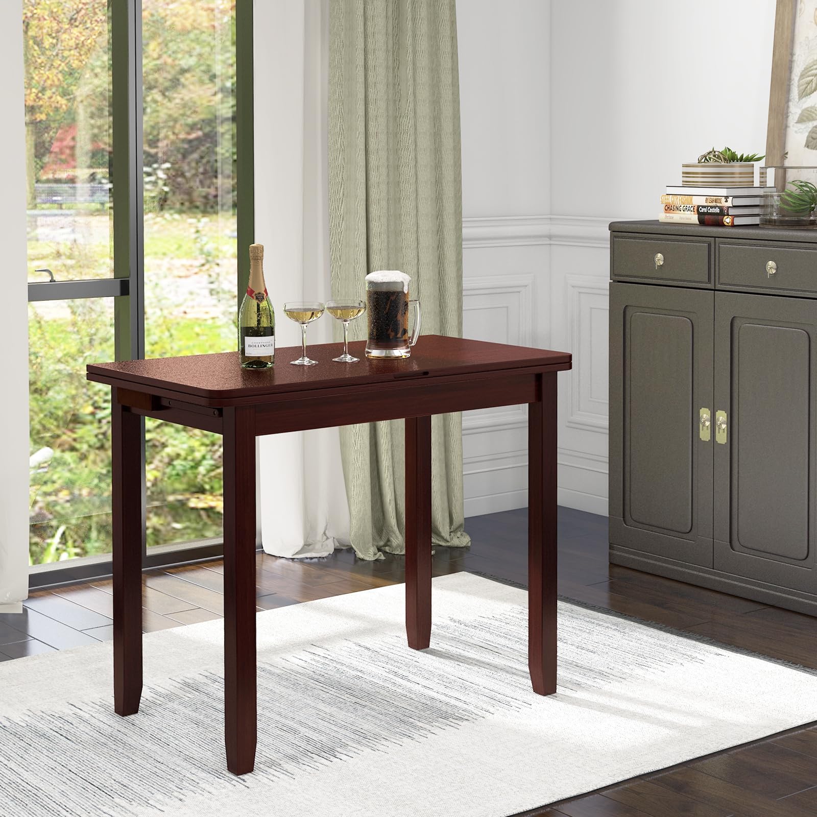 BEFOUNDLOVELY Folding Dining Table for 4, Extendable Kitchen Table w/Hidden Storage & Rubber Wood Frame