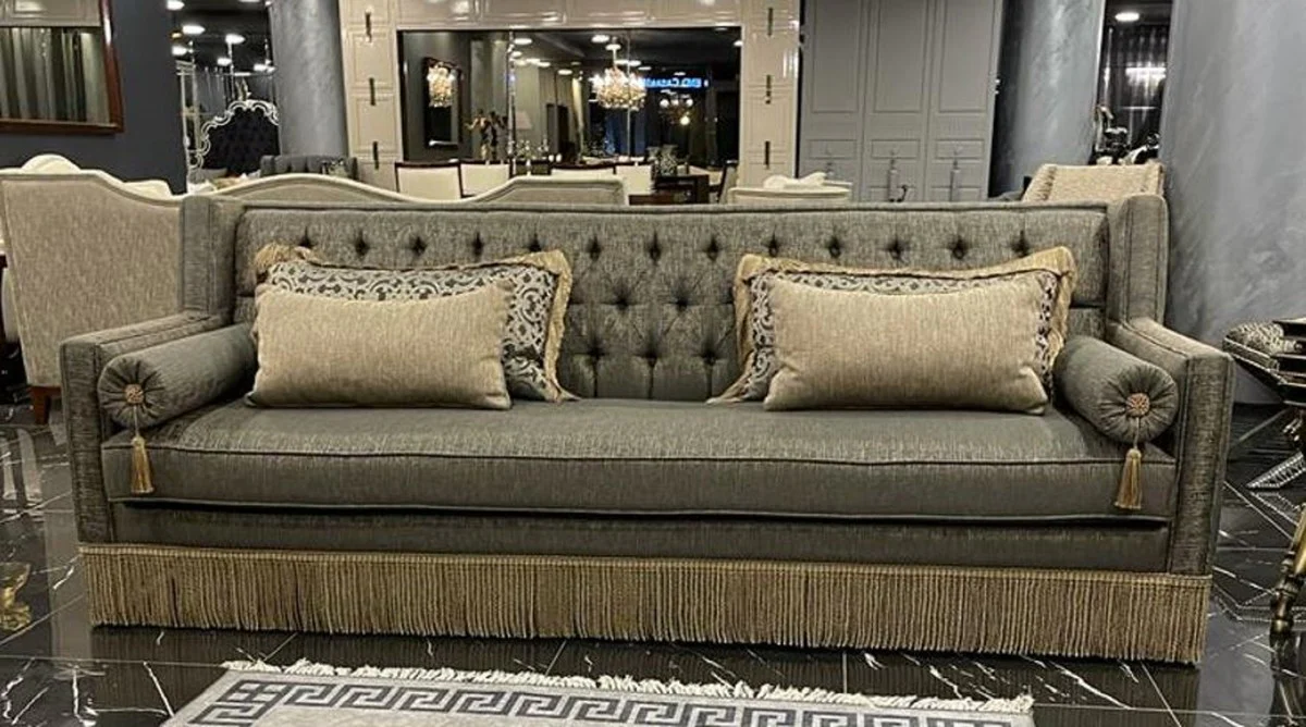 Luxury Art Deco Chesterfield Sofa Gray / Beige - Handcrafted Solid Wood Living Room Sofa - Luxury Art Deco Chesterfield Living Room Furniture
