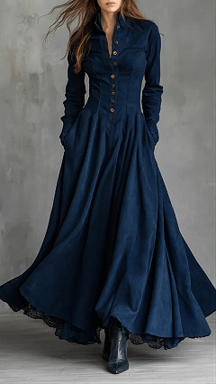 Women's Cotton-blend  Stand Collar Single-breasted Long Sleeve Flared Maxi Dress - Nordfashionstorm - Women's Clothing, Fashion for You - Nordfashionstorm.com