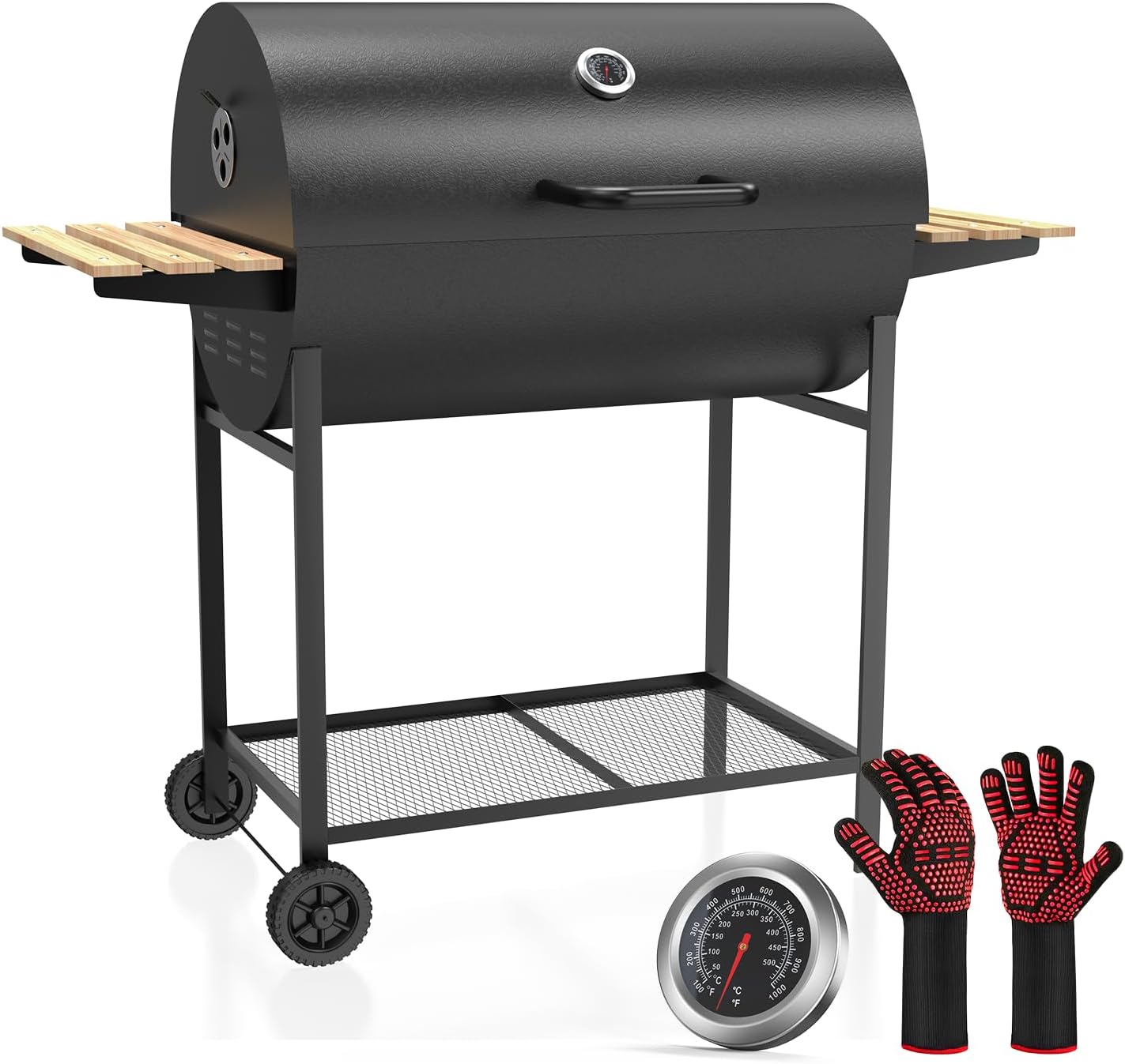 Carro XXL per grigliate, affumicatore per barbecue, barbecue a carbone con coperchio, griglia camino per barbecue a carbone, forno ahumador e accessori per barbecue, con guanti da barbecue