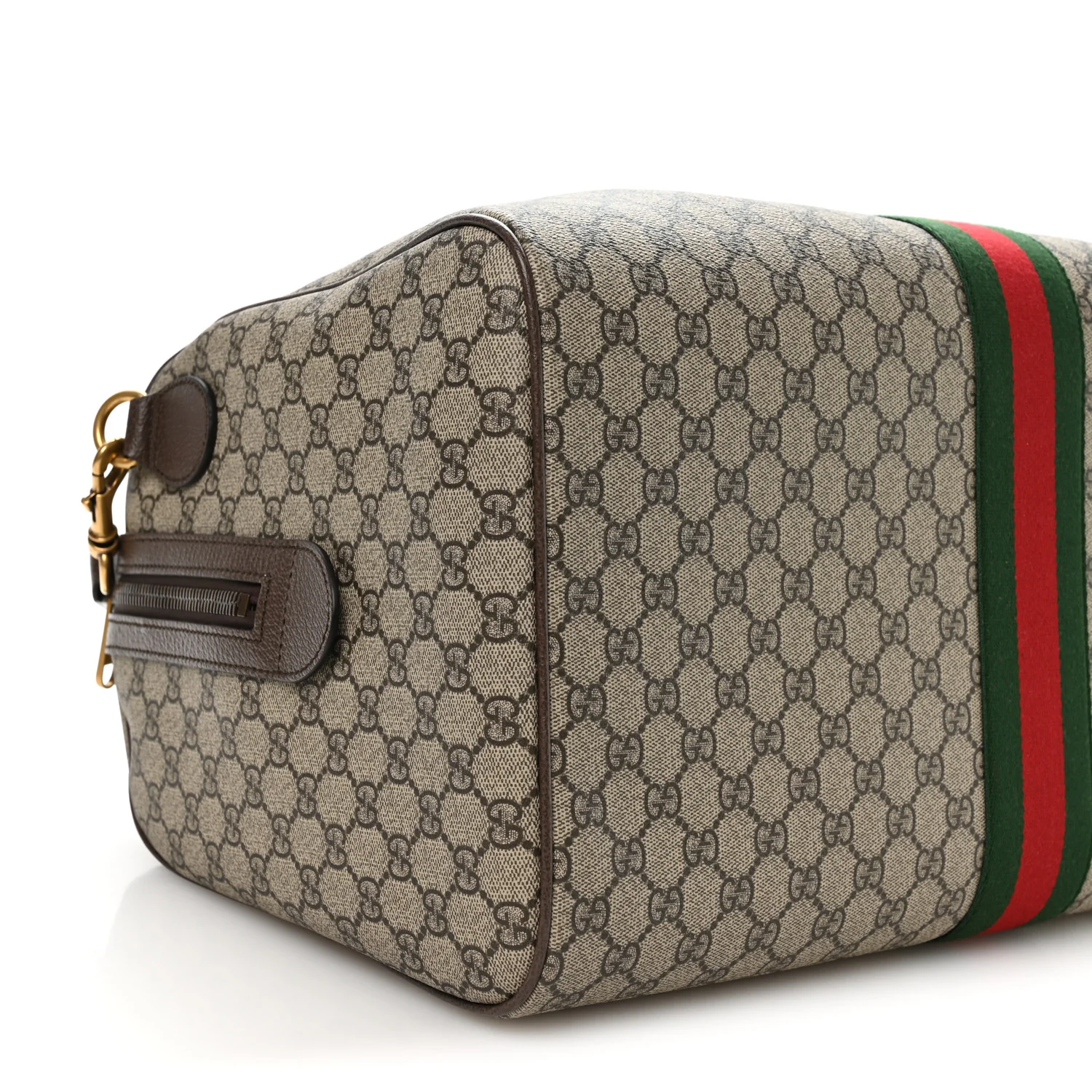 GG Supreme Monogram Textured Dollar Calfskin Web Medium Savoy Duffle Bag Beige Dark Brown - Top Club