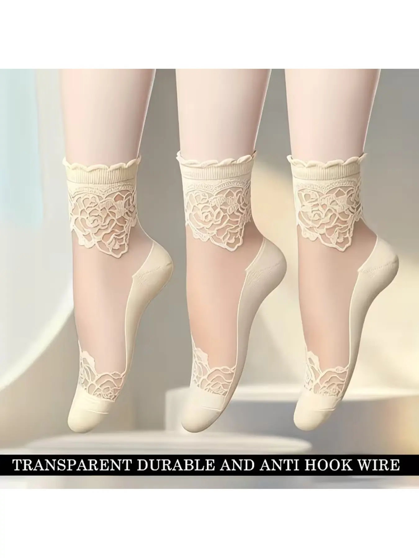 3 Pairs Women’s Sheer Lace Thin Boat Socks, Breathable Anti-Slip Knitted Casual Daily Socks