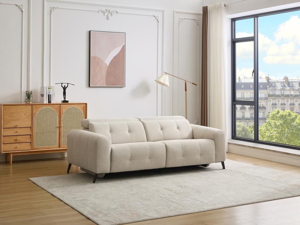 Sofá de 3 plazas reclinable eléctrico de tela beige capitoné