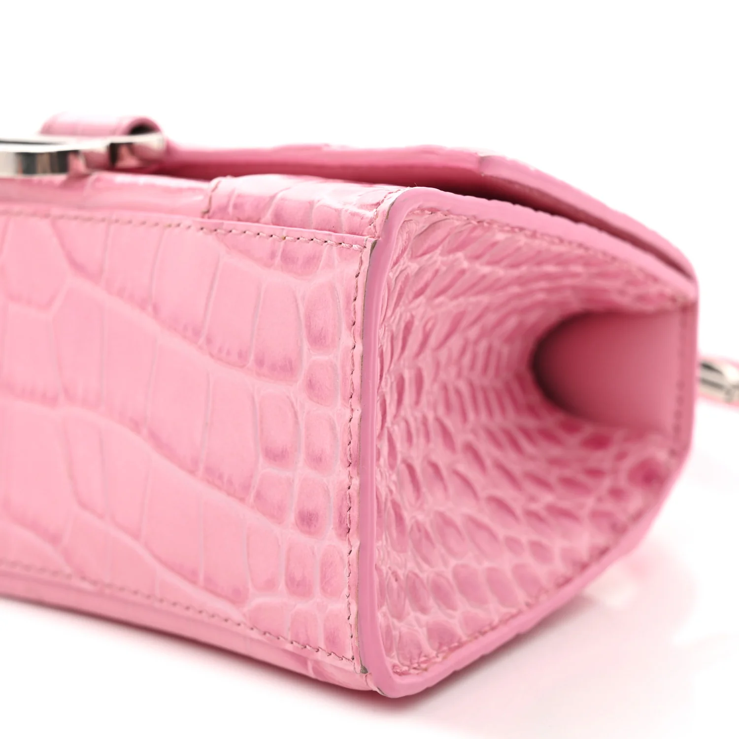 Shiny Calfskin Crocodile Embossed Hourglass Top Handle Bag XS Sweet Pink - Top Club