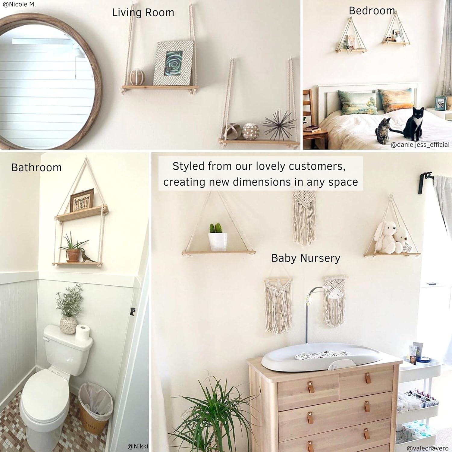 BASE ROOTS Hanging Shelves for Wall [Set of 2 w/Hooks] Wooden Shelf Macrame Rope, Natural Light Reclaimed Wood, Moon Phase Wall Hanging, Handmade Hammered Silver Metal 13 Moons 36
