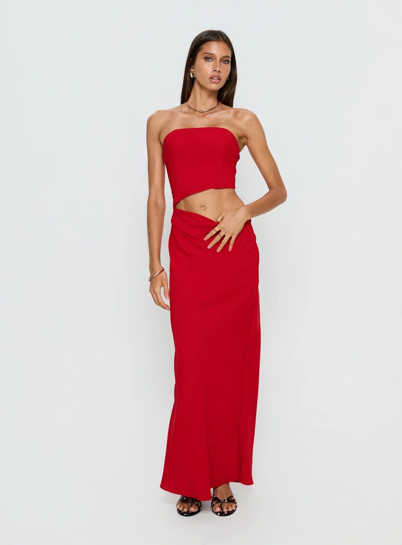 Jasira Strapless Drape Maxi Dress Bold Red