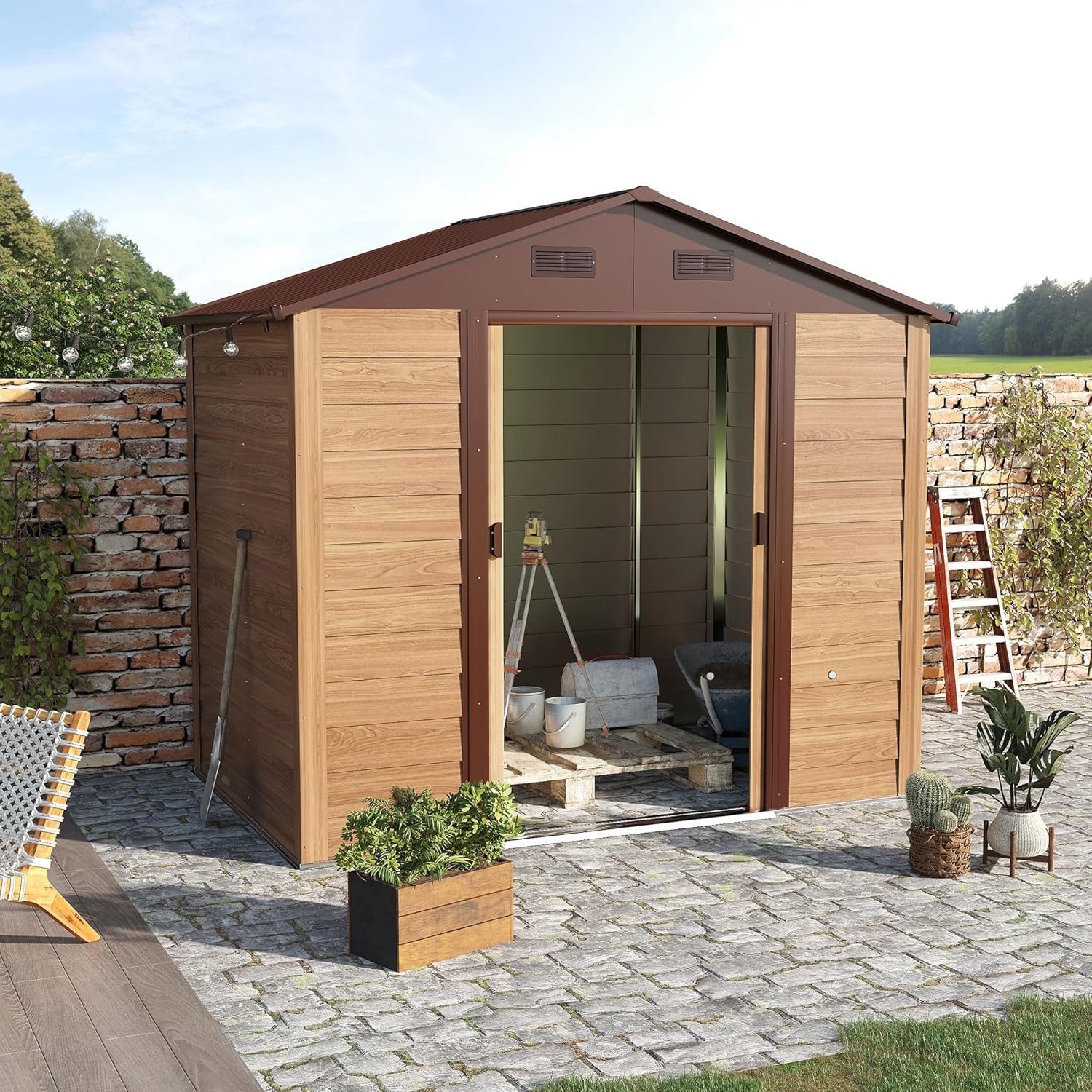 Outsunny Casetta da Giardino con Porte Scorrevoli, Capanno Porta Attrezzi con Struttura e Accessori in Acciaio e Pareti Effetto Legno, 152x235.7x208.7cm