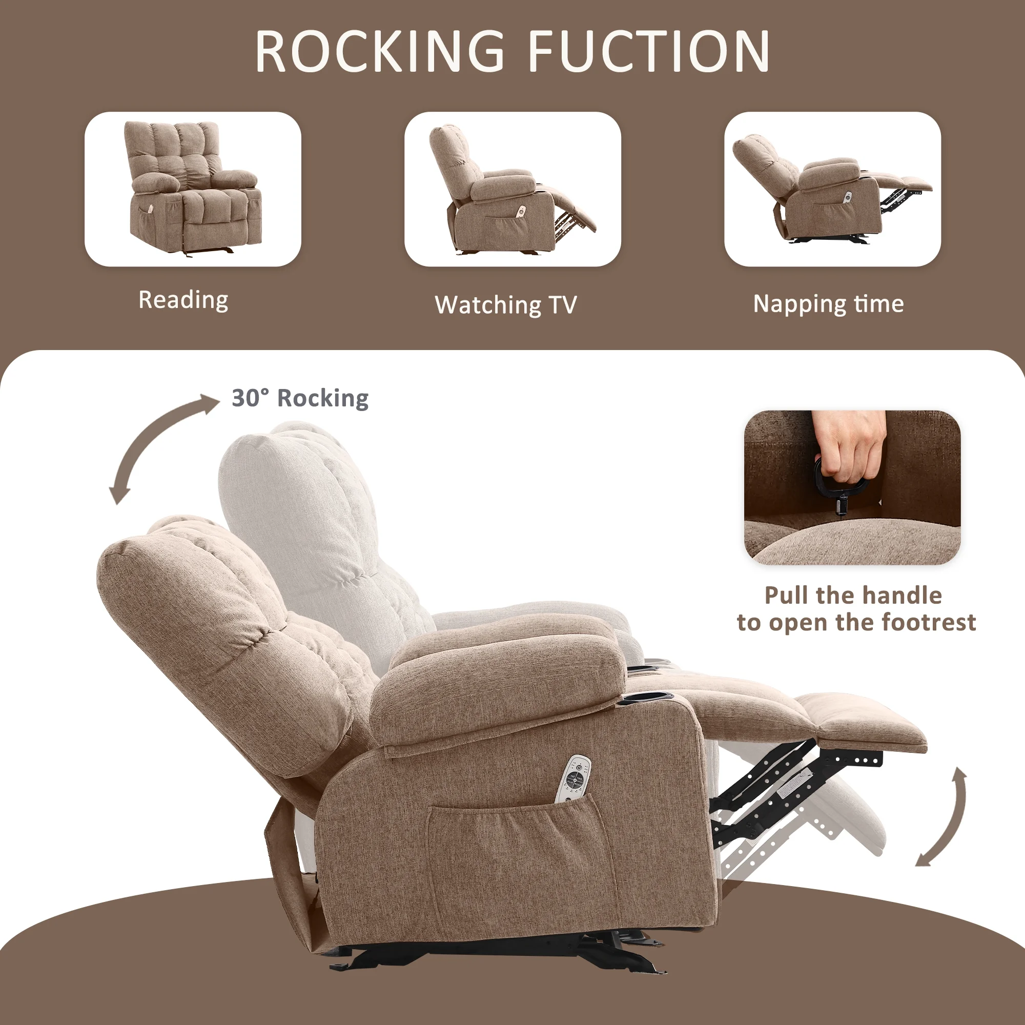 JONPONY Manual Recliner Chair with Heat Therapy and Massage Function, Heavy Duty Reclining Mechanism Massage Chair, Elderly Single Rocker Sofa with Cup Holders for Bedroom Home Theater, Grey