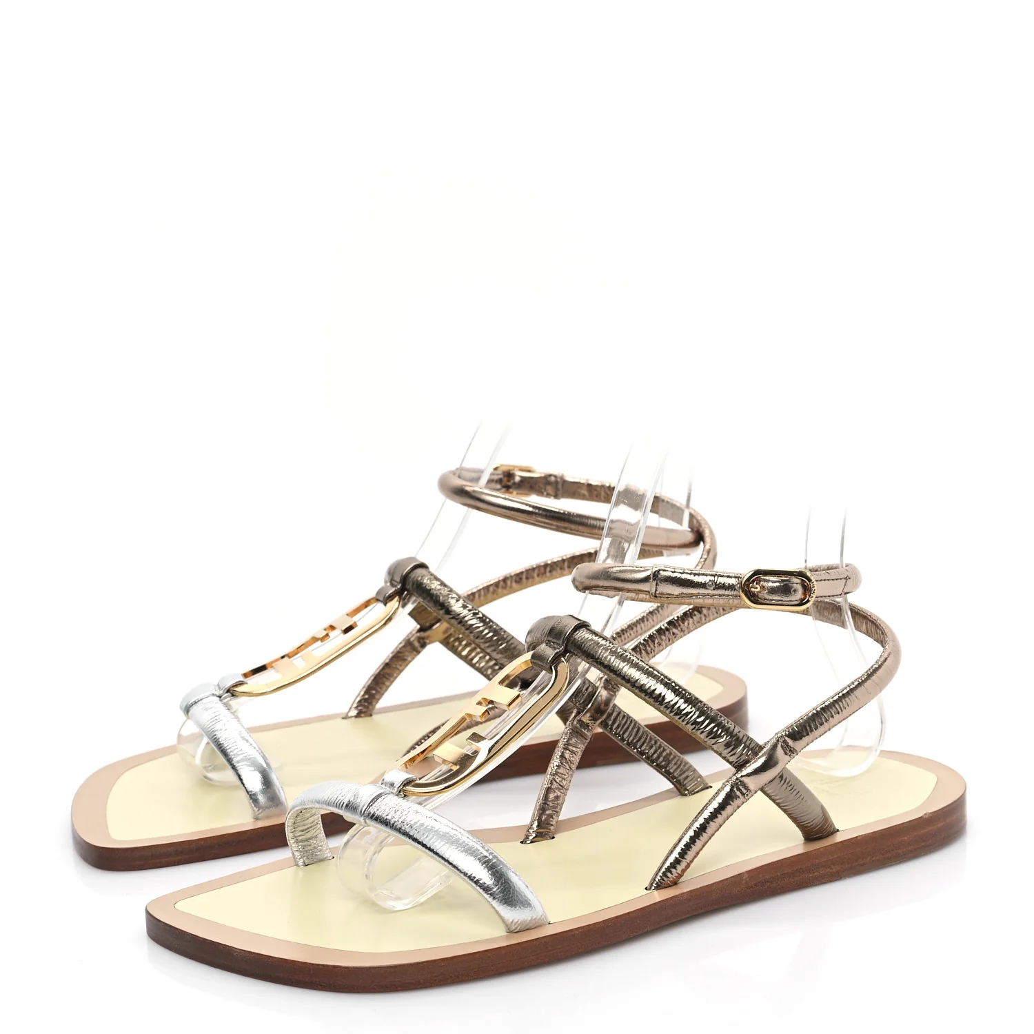 Metallic Nappa Fendi O'Lock Gladiator Flat Sandals 36 Argento Stagno Champagne - Top Club
