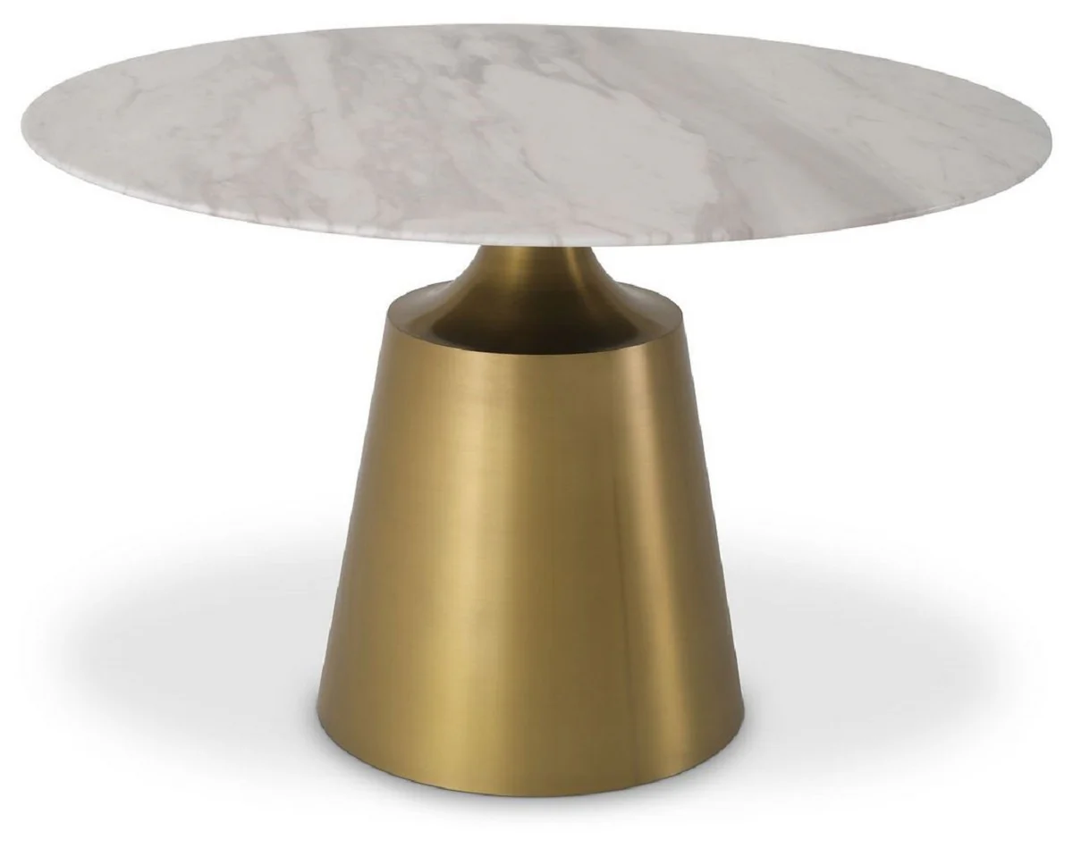 Luxury dining table white / brass Ø 120 x H. 77 cm - Round dining room table with marble top - Dining room furniture - Luxury quality
