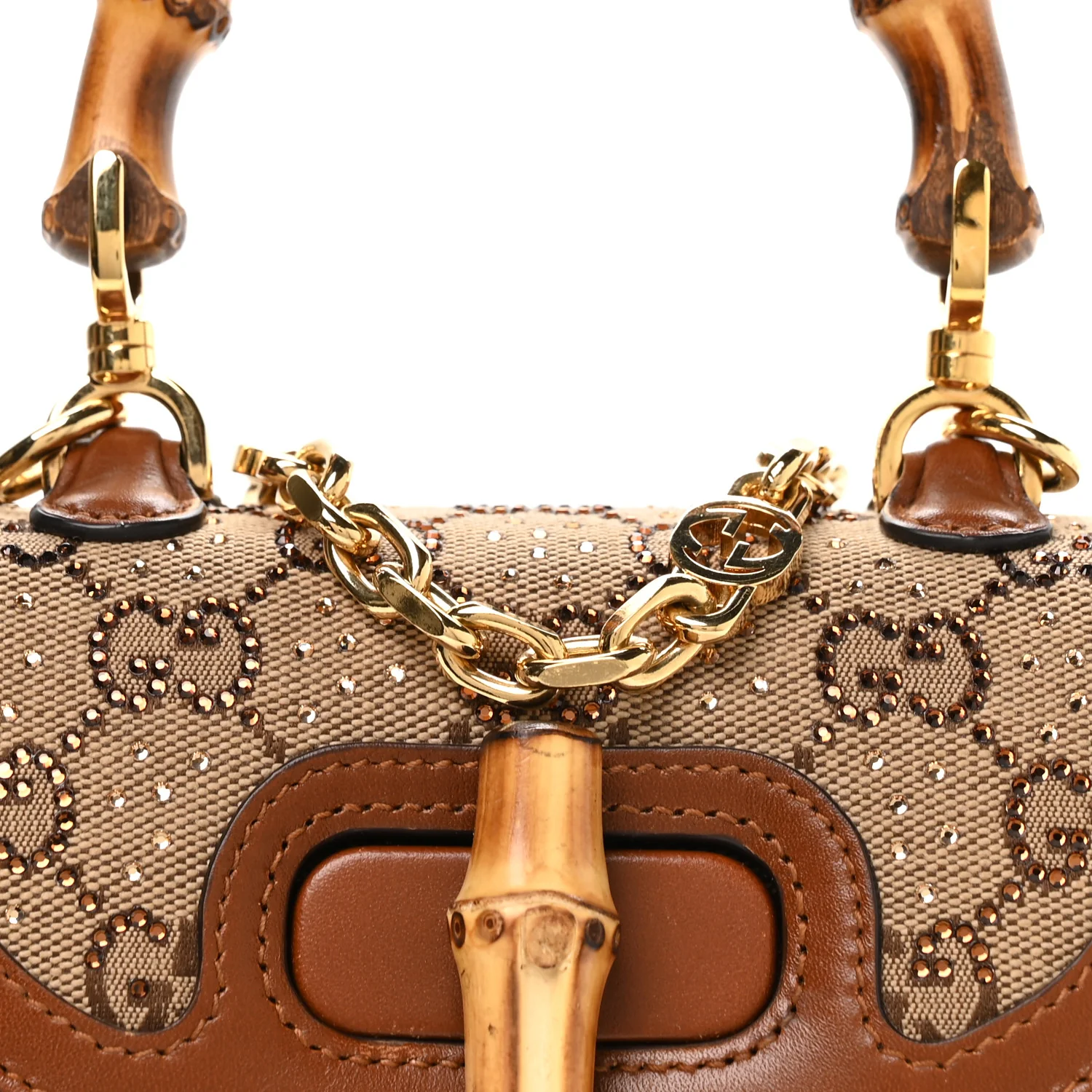New Canvas Charisma Calfskin Crystal GG Monogram Small Bamboo 1947 Top Handle Bag Camel Ebony - Top Club