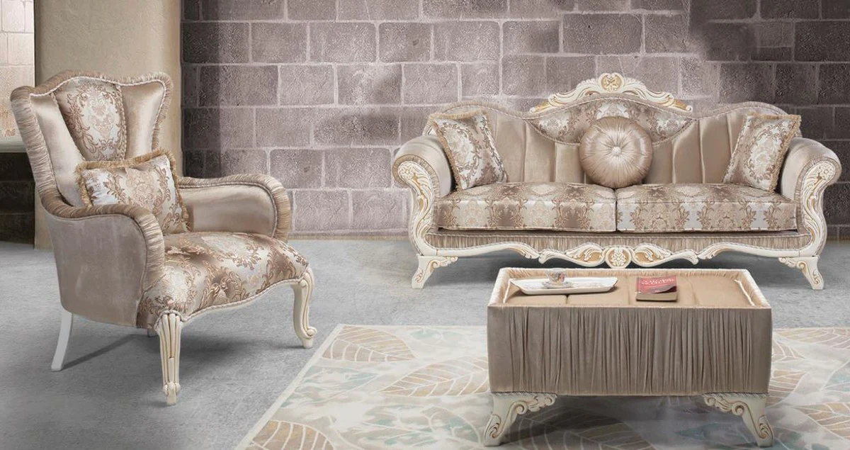 Luxury baroque living room set beige / white / gold - 2 sofas & 2 armchairs & 1 side table - magnificent living room furniture in baroque style