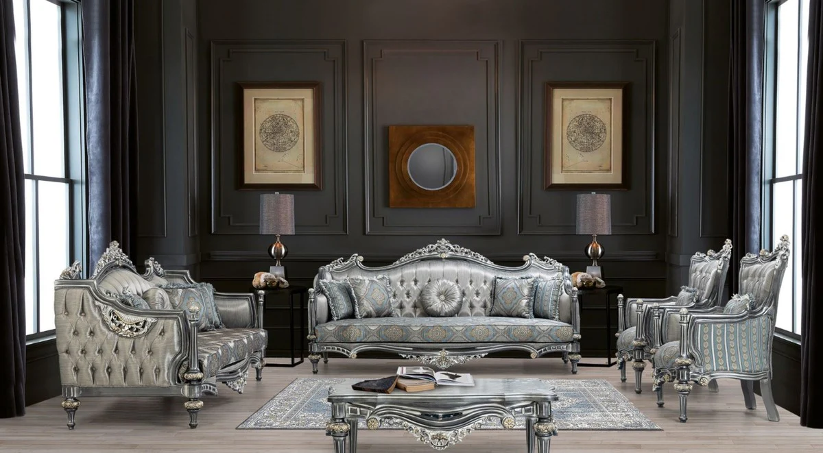 Luxury baroque living room set silver / turquoise / gold - 2 sofas & 2 armchairs & 1 coffee table - living room furniture in baroque style - noble & magnificent