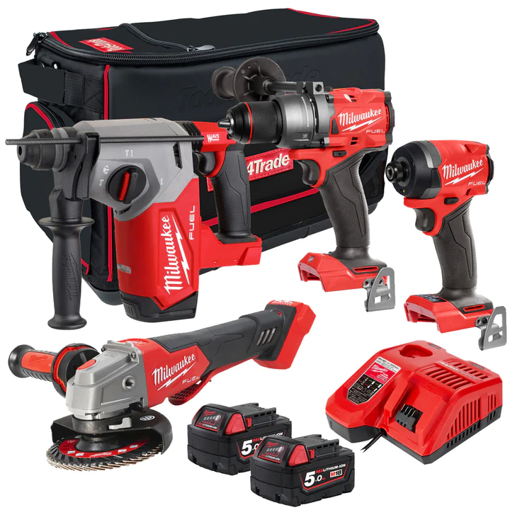 Milwaukee M18 FPP4T3-553B 18V 4 piece tool kit with 2 x 5.0Ah battery & charger