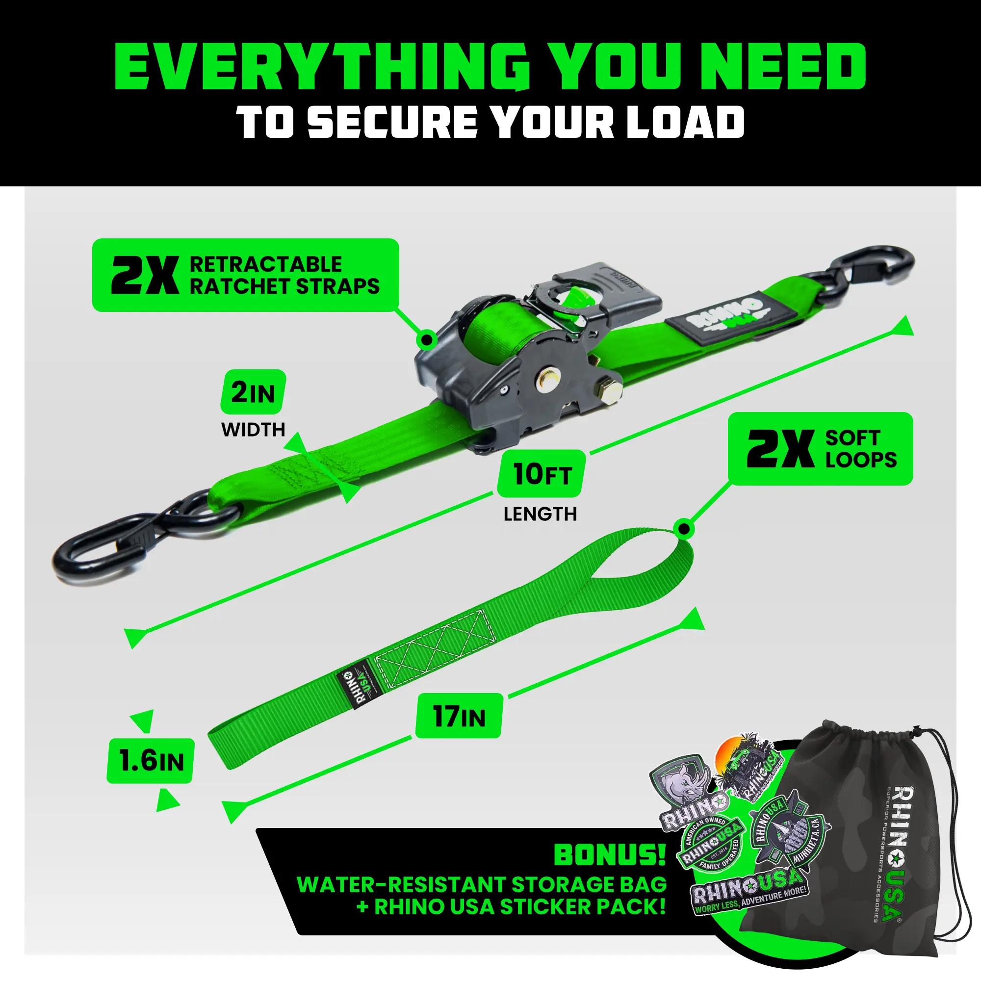 Lush's Pick - Rhino USA Retractable Ratchet Straps - 1in x 10ft (4pack) and 2in x 10ft (2pack)