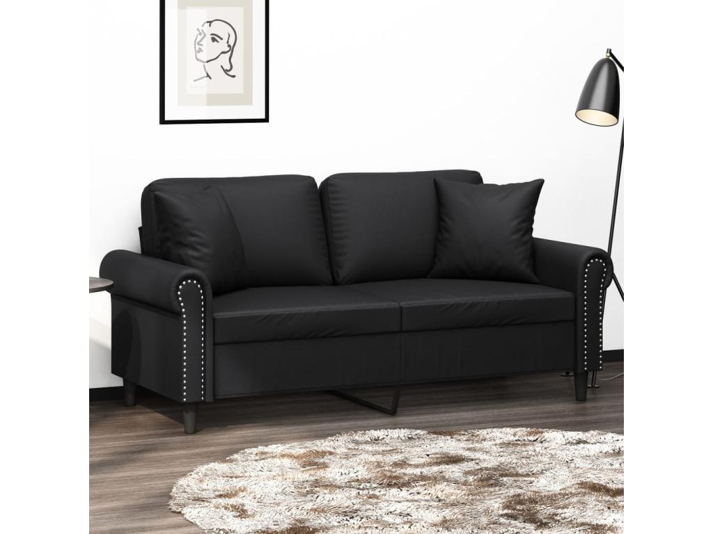 Sofá de 2 plazas con cojines cuero sintético negro 140 cm