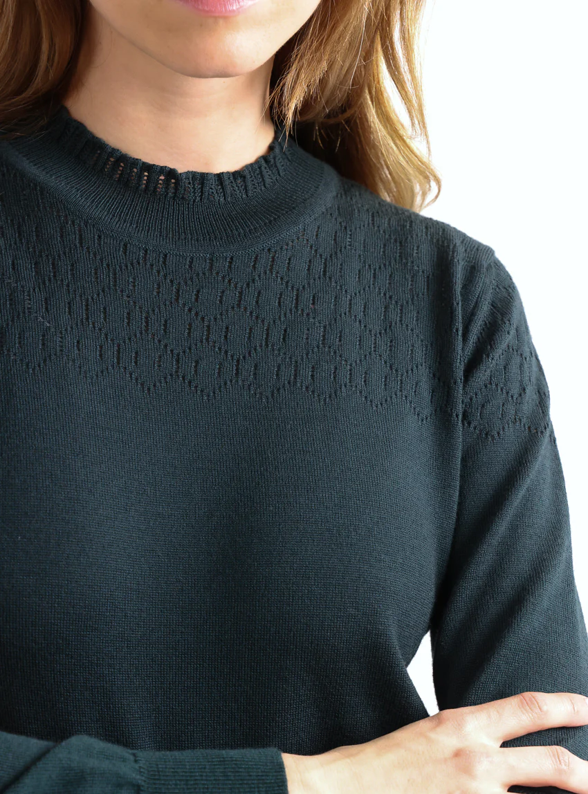 Pull femme col et maille fantaisie en laine merinos vert