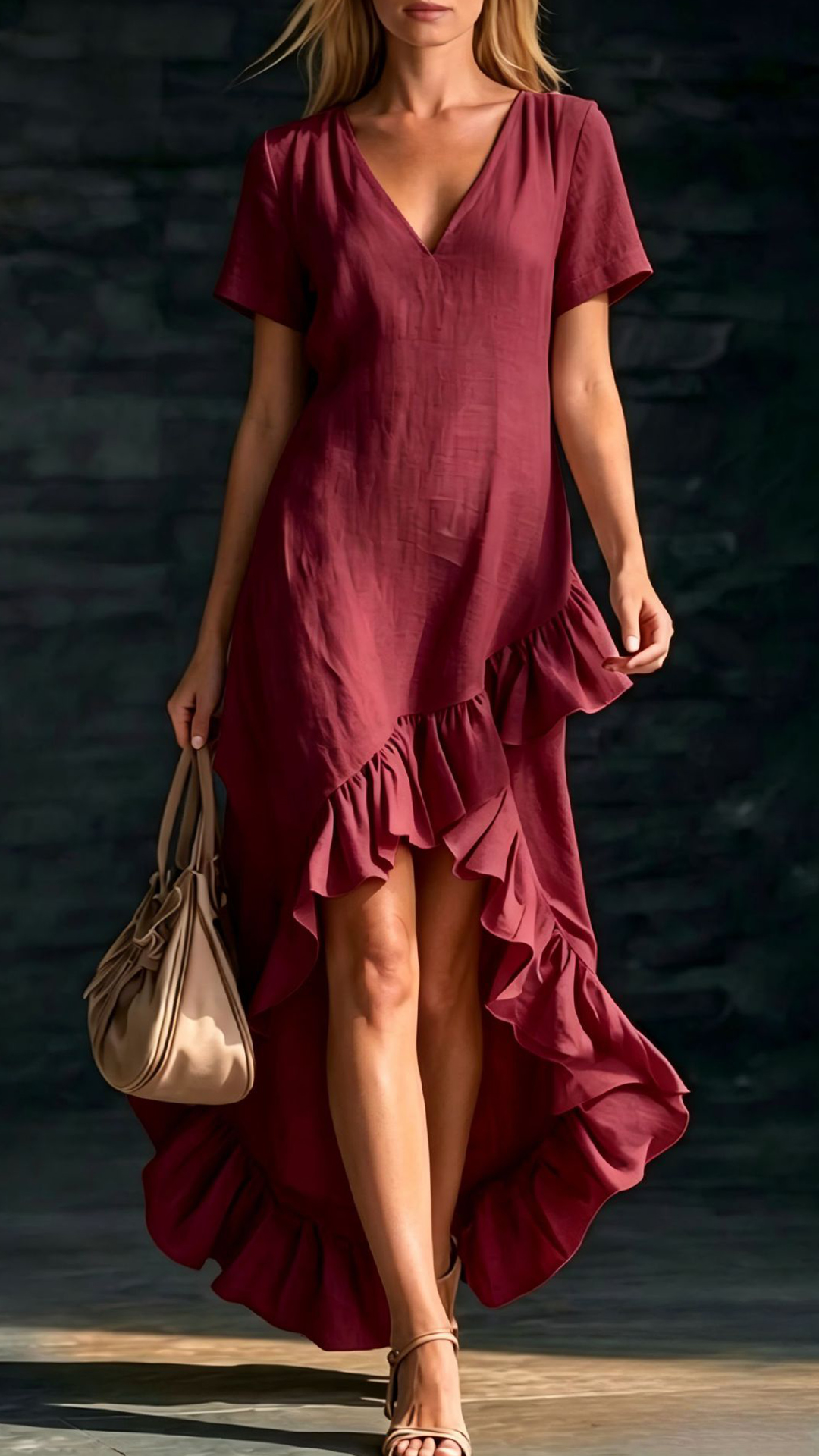 Women's Cotton-Blend Ruffled V-Neck Dress - Nordfashionstorm - Women's Clothing, Fashion for You - Nordfashionstorm.com