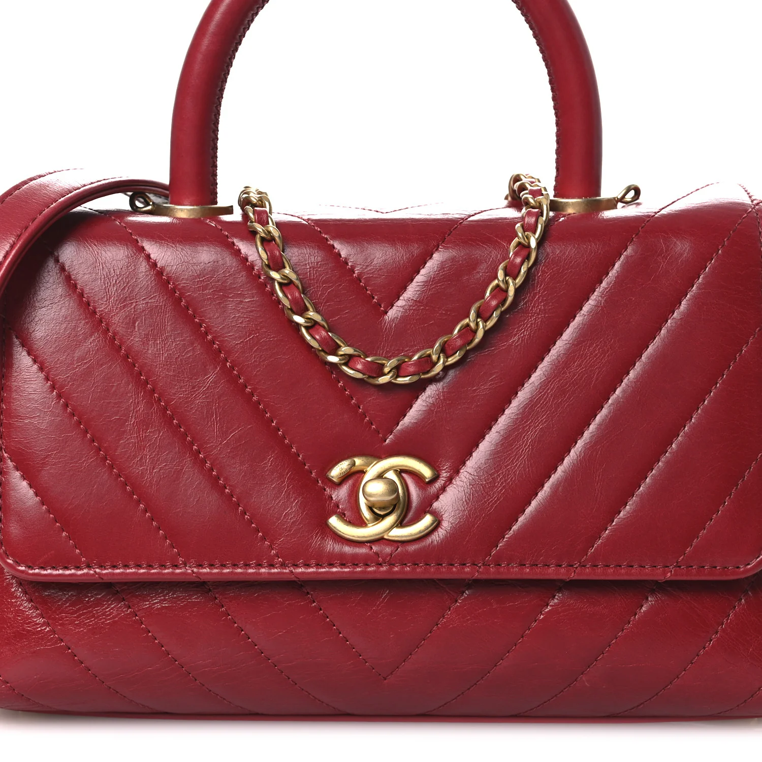 Aged Calfskin Chevron Quilted Mini Coco Handle Flap Red - Top Club