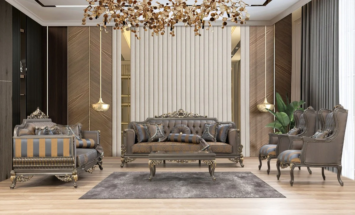 Luxury Baroque Living Room Set Blue / Gray / Gold - 2 Sofas & 2 Armchairs & 1 Coffee Table - Magnificent Baroque Living Room Furniture