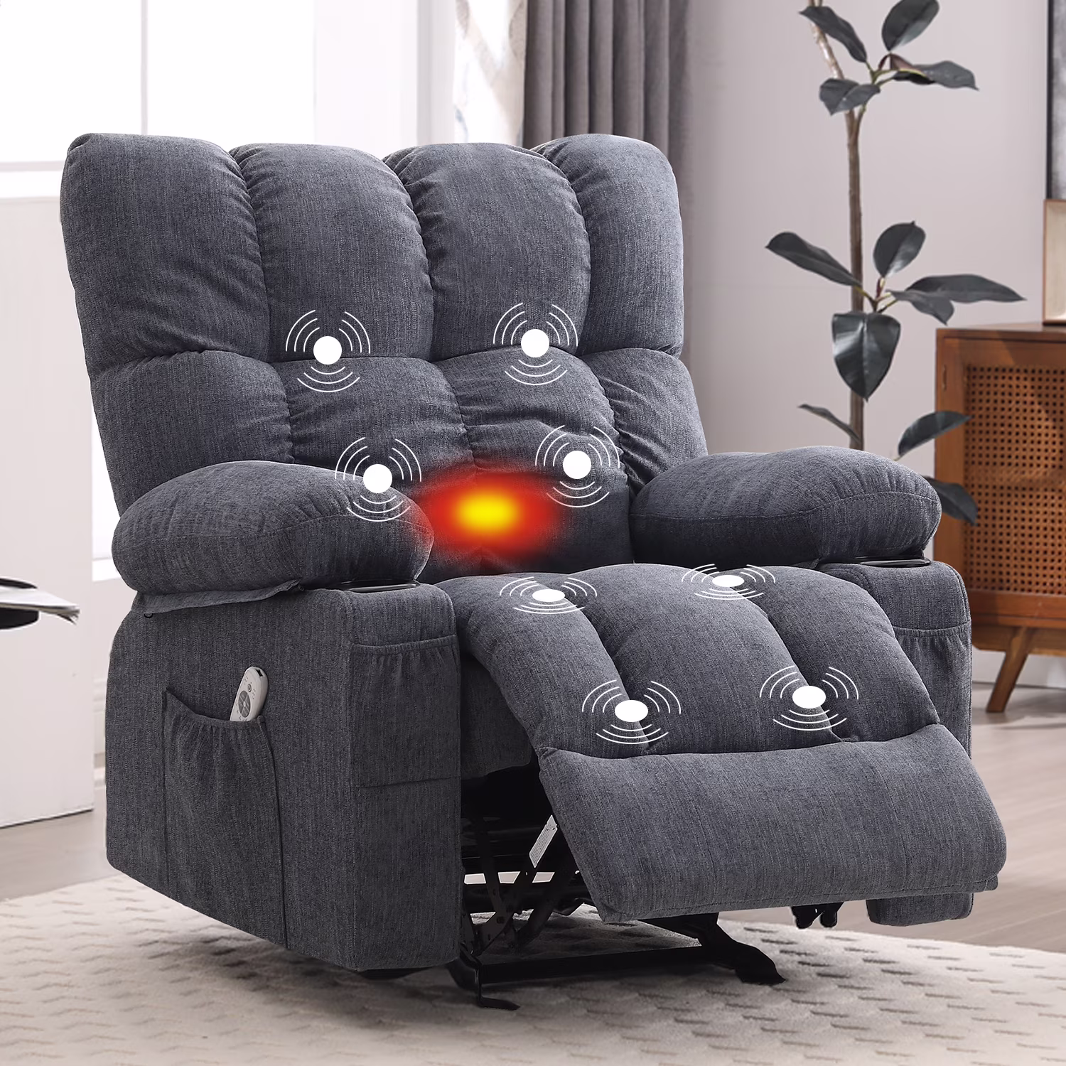 JONPONY Manual Recliner Chair with Heat Therapy and Massage Function, Heavy Duty Reclining Mechanism Massage Chair, Elderly Single Rocker Sofa with Cup Holders for Bedroom Home Theater, Grey