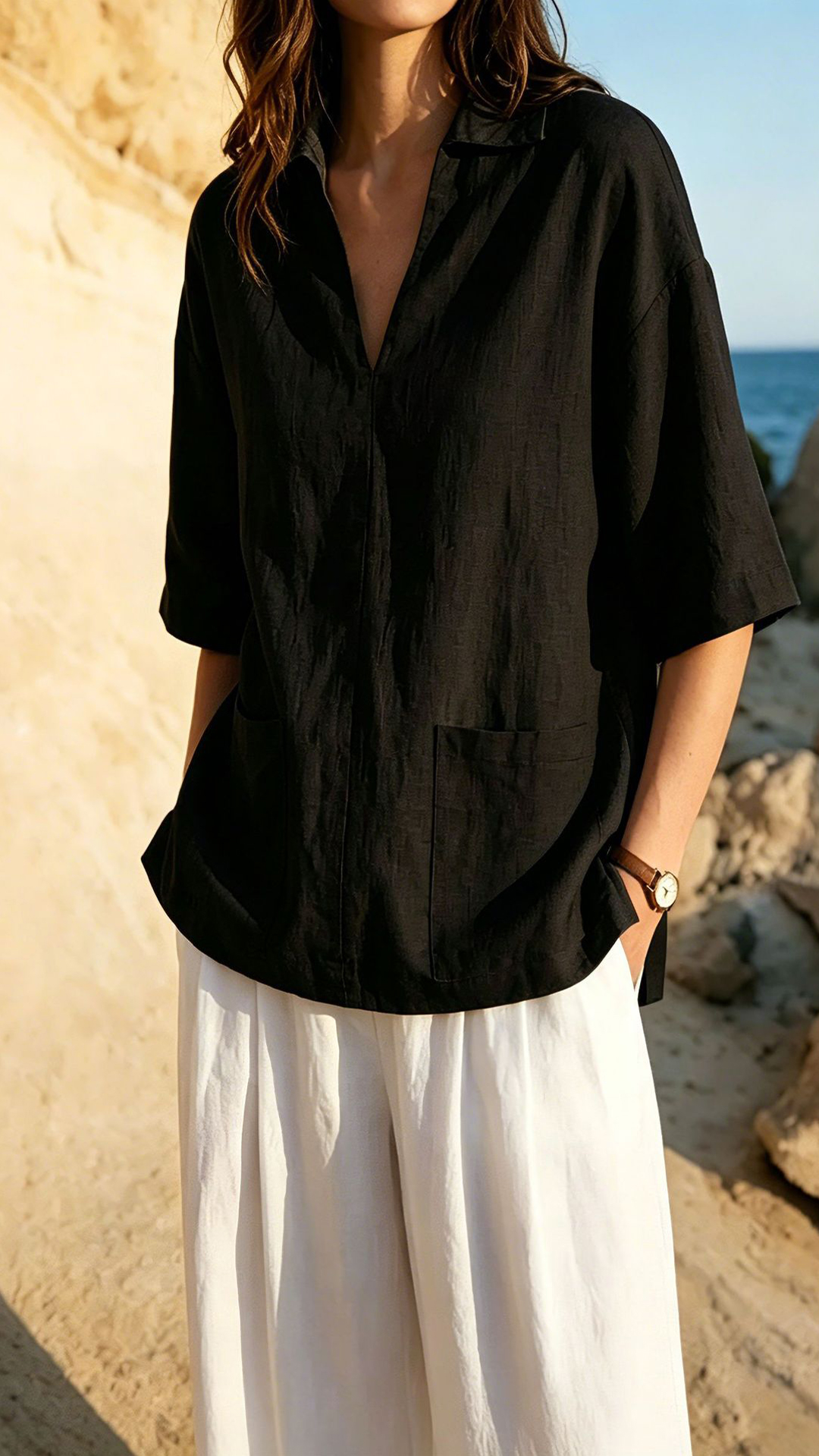 Women's Khaki Collared Mid-sleeve Cotton-blend Blouse - Nordfashionstorm - Women's Clothing, Fashion for You - Nordfashionstorm.com