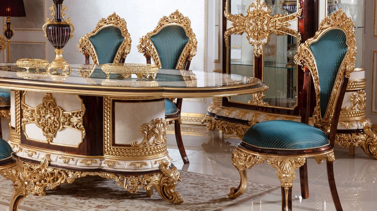 Luxury Baroque Dining Room Set White / Brown / Blue / Gold - 1 Baroque Dining Table & 6 Baroque Dining Chairs - Baroque Dining Room Furniture - Noble & Magnificent