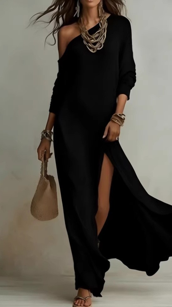 Women's Elegant Long-Sleeve Knitted Dress with Pleats and Slit - Nordfashionstorm - Women's Clothing, Fashion for You - Nordfashionstorm.com