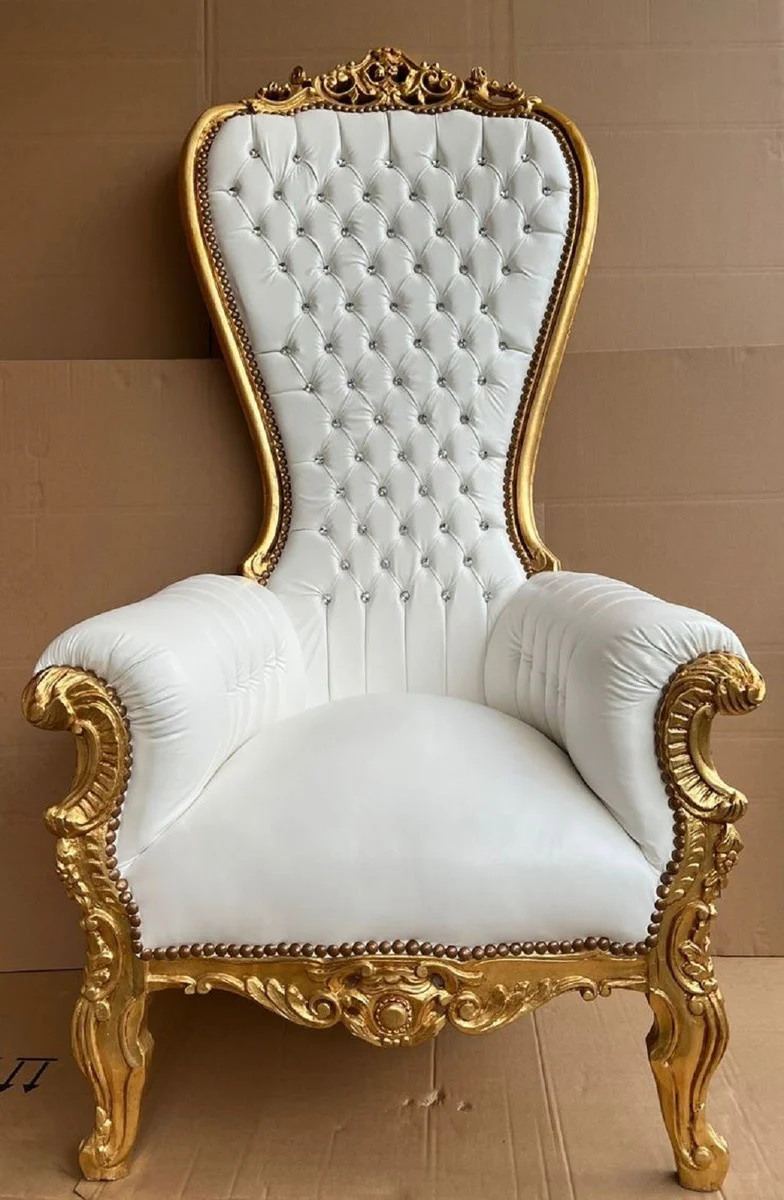 Baroque throne armchair with artificial leather and glittering stones white / gold - Magnificent royal armchair - Handmade wedding armchair - Baroque giant armchair - Baroque furniture