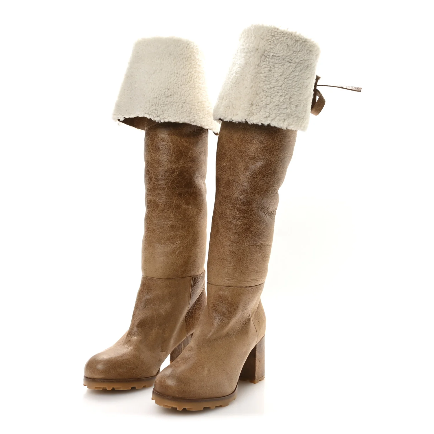Shearling Calfskin Knee High Heel Boot 38.5 Brown - Top Club