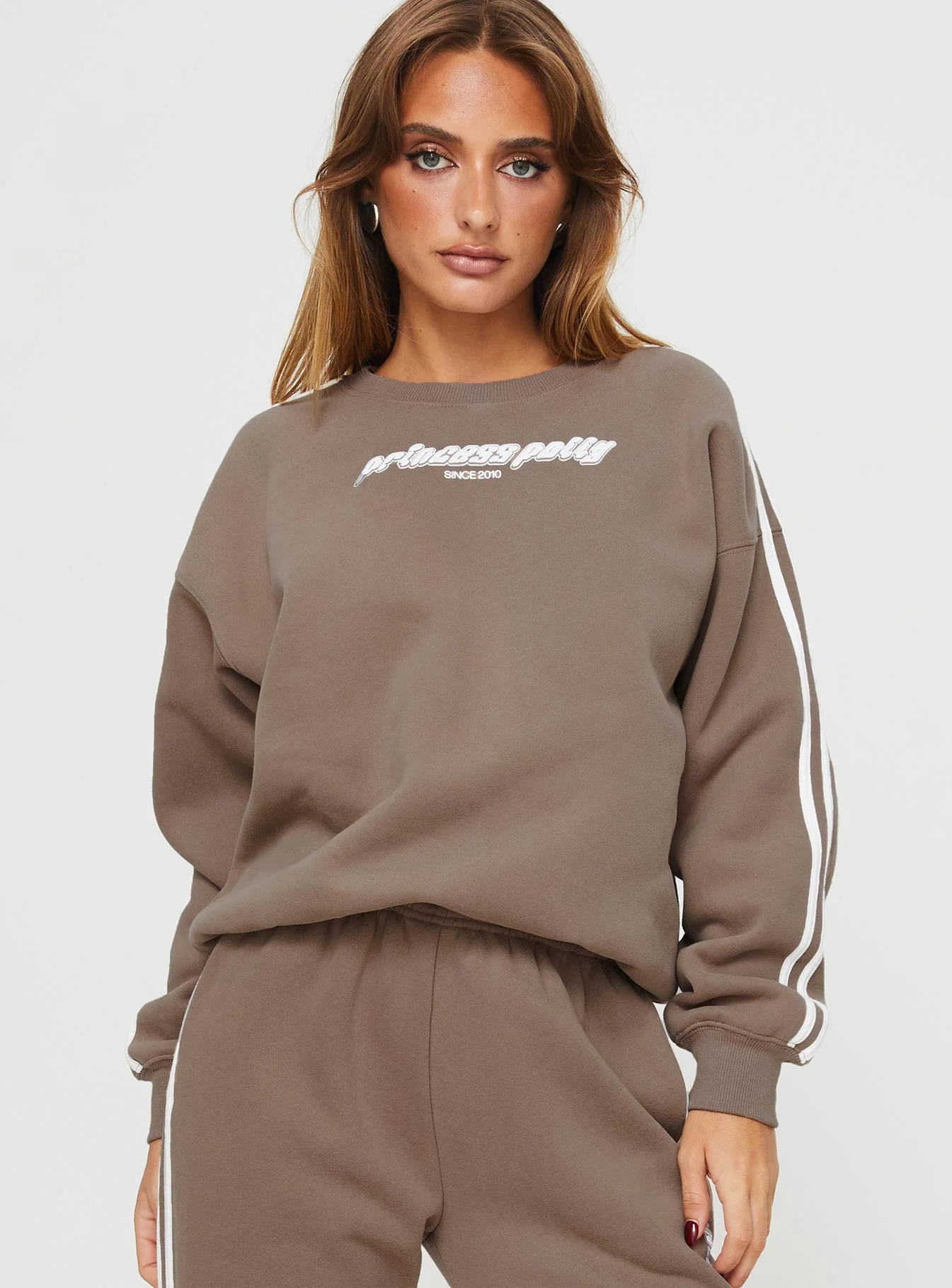 Princess Polly Crew Neck Sweatshirt Stripe Taupe / White