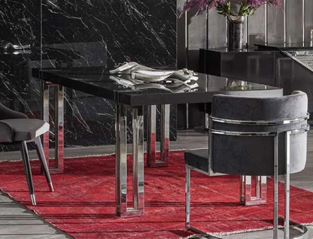 Luxury dining table black / silver 220 x 100 x H. 77 cm - Rectangular kitchen table with solid wood table top and metal legs - Dining room furniture - Kitchen furniture - Luxury furniture