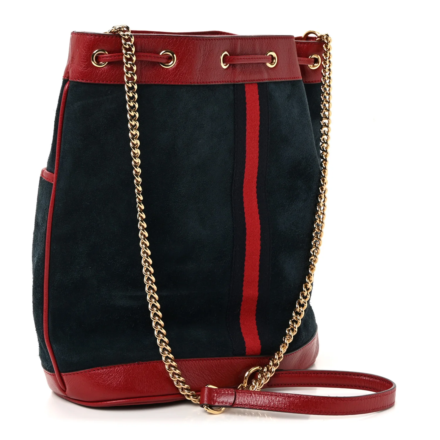 Suede Calfskin Web Medium Rajah Bucket Bag New Blue Romantic Cherry - Top Club