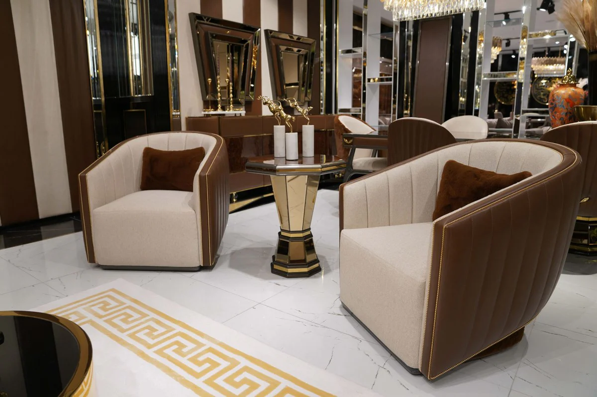 Luxury side table brown / gray / gold - mirrored 8-sided solid wood table - living room furniture - living room furnishings - luxury furniture - luxury furnishings - luxury quality