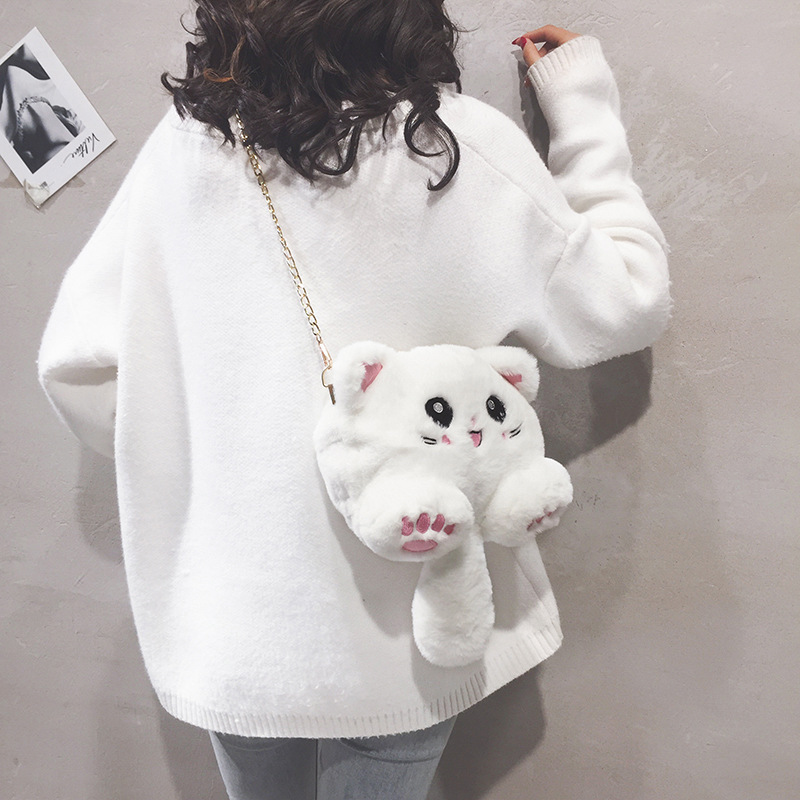 Fashionable plush bag for women, cute cartoon furry bag, kitten doll bag, girl's shoulder bag, crossbody bag