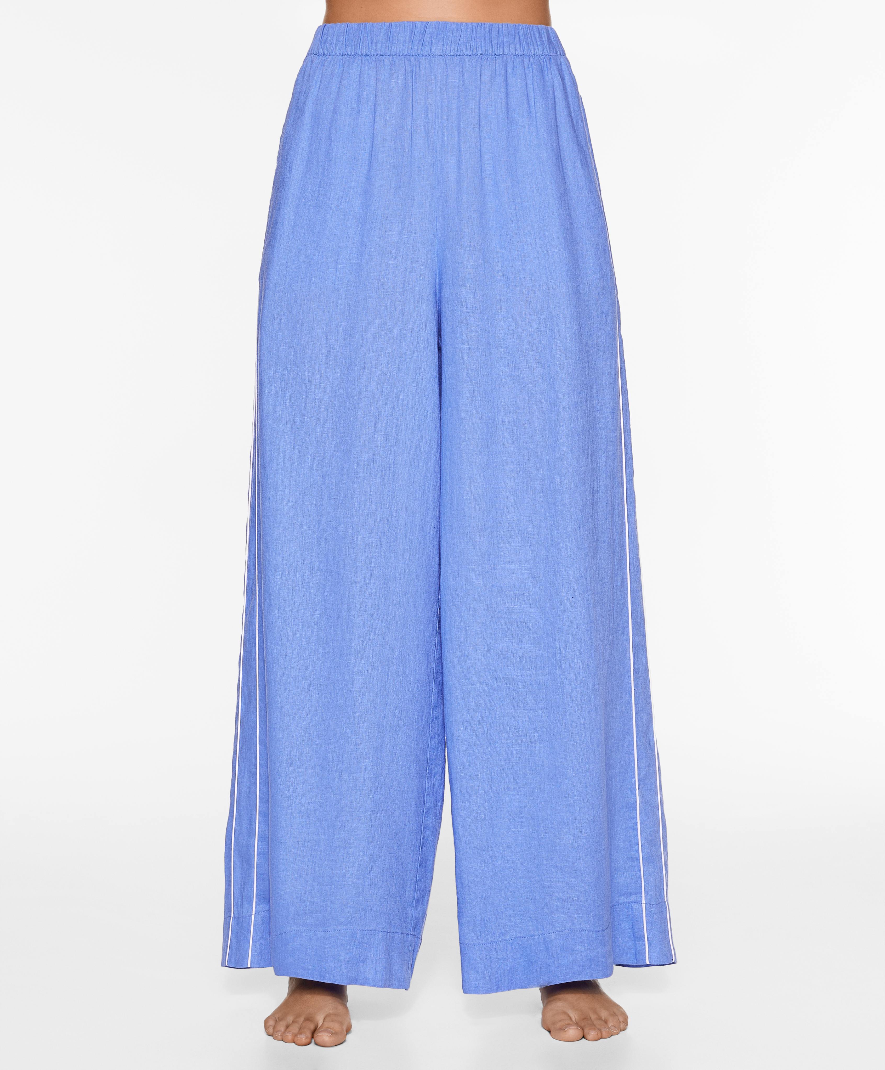 OYSHO 100% linen wide straight-leg trousers with piping