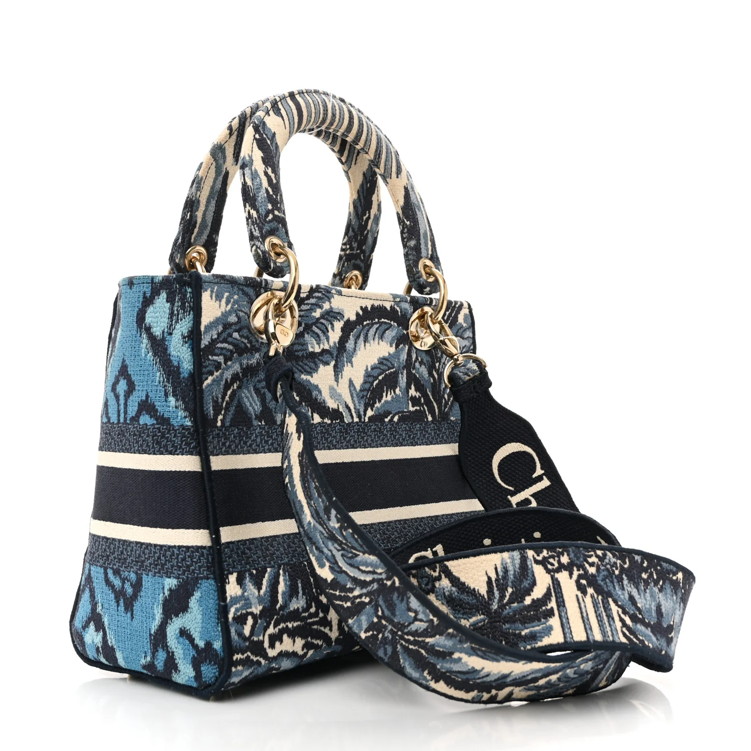 Canvas Embroidered Palm Tree Toile De Jouy Medium Lady D-Lite Blue - Top Club