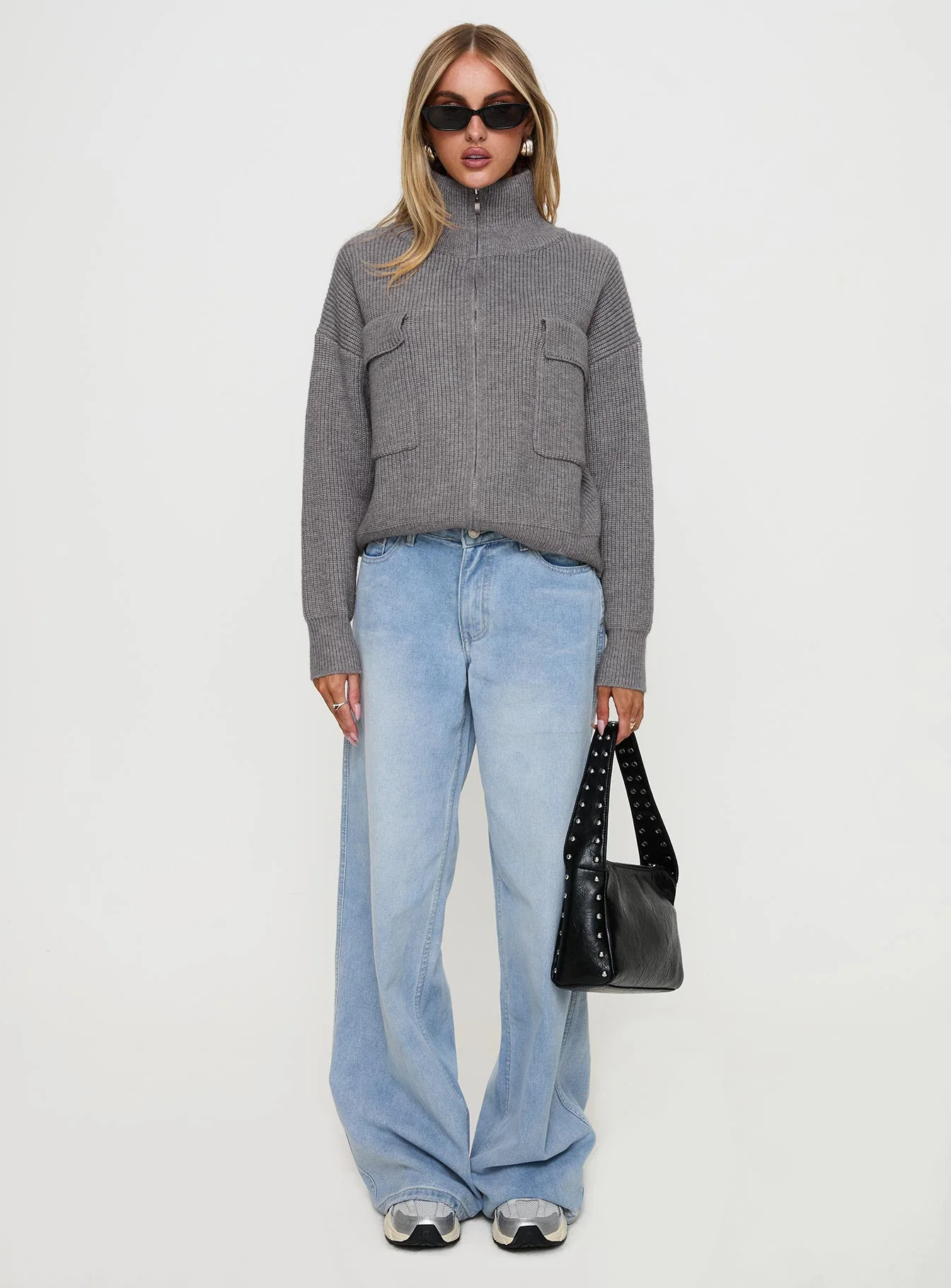 Too Busy Zip Up Sweater Grey