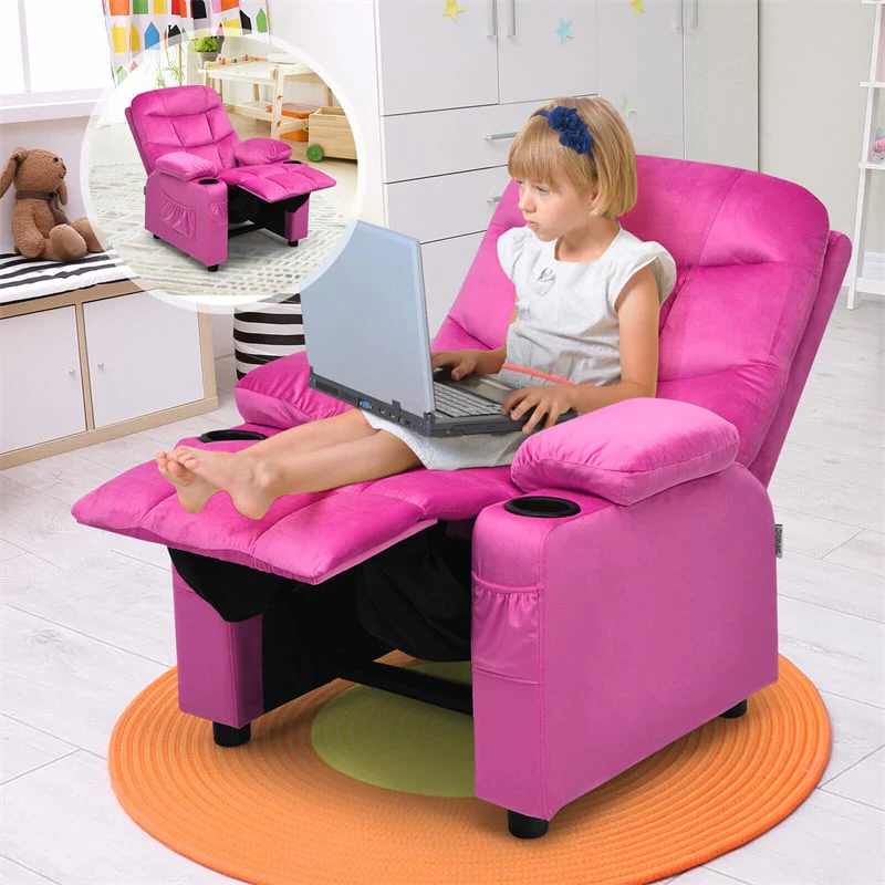 Kids Recliner Chair Adjustable Velvet Lounge Sofa with Cup Holders, 3 Pockets, Retractable Footrest, Toddler Furniture Sofa for Boys Girls Room