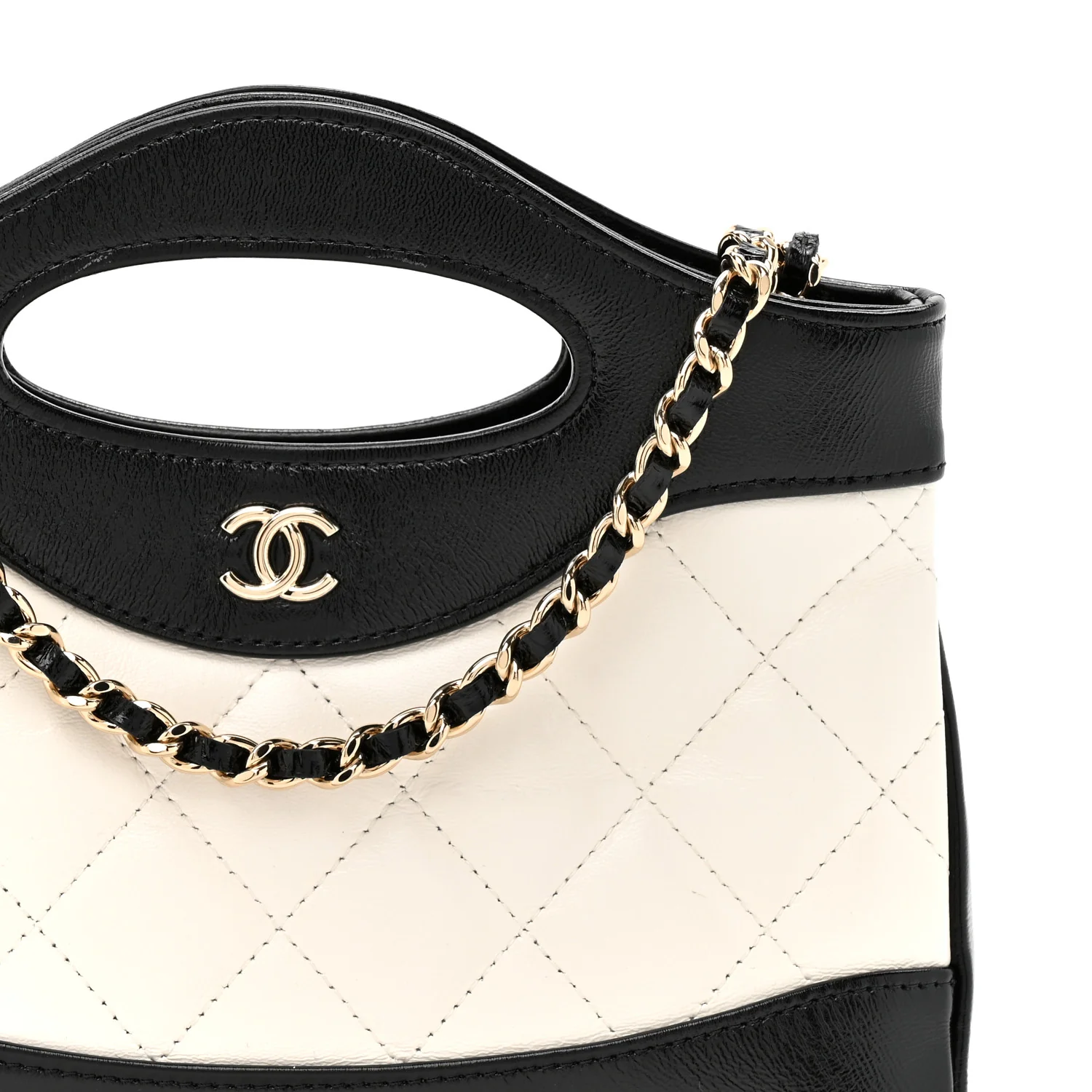 Shiny Crumpled Calfskin Quilted Nano 31 Shopping Bag White Black - Top Club