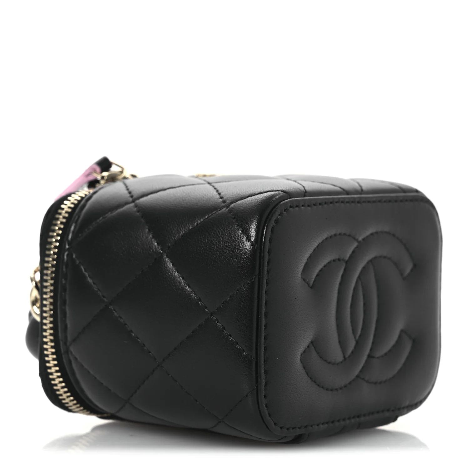 Lambskin Quilted Top Handle Mini Vanity Case With Chain Black Pink - Top Club