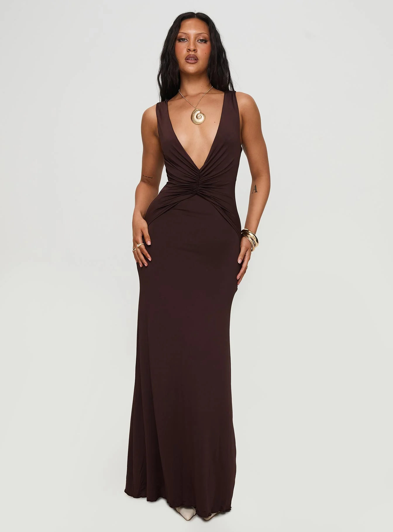 Frederica Plunge Maxi Dress Chocolate