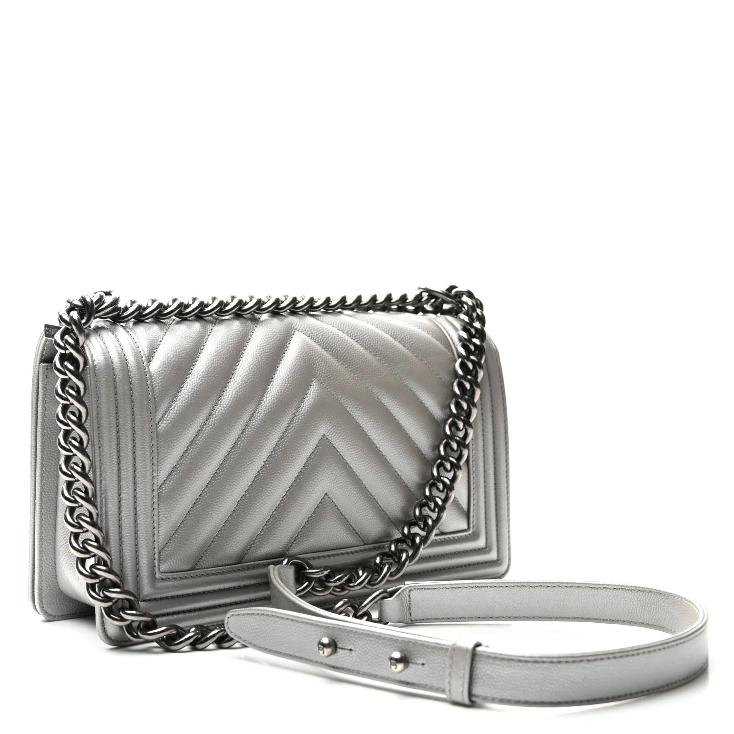 Metallic Caviar Chevron Quilted Medium Boy Flap Silver - Top Club
