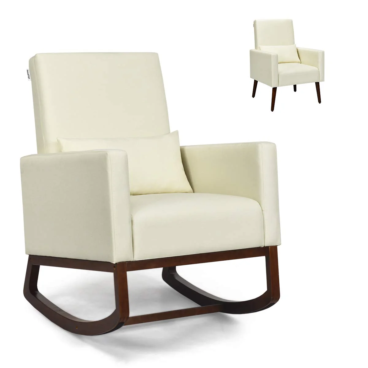 BEFOUNDLOVELY Upholstered Rocking Chair, Modern High Back Armchair, Comfortable Rocker with Fabric Padded Seat, Waist Pillow