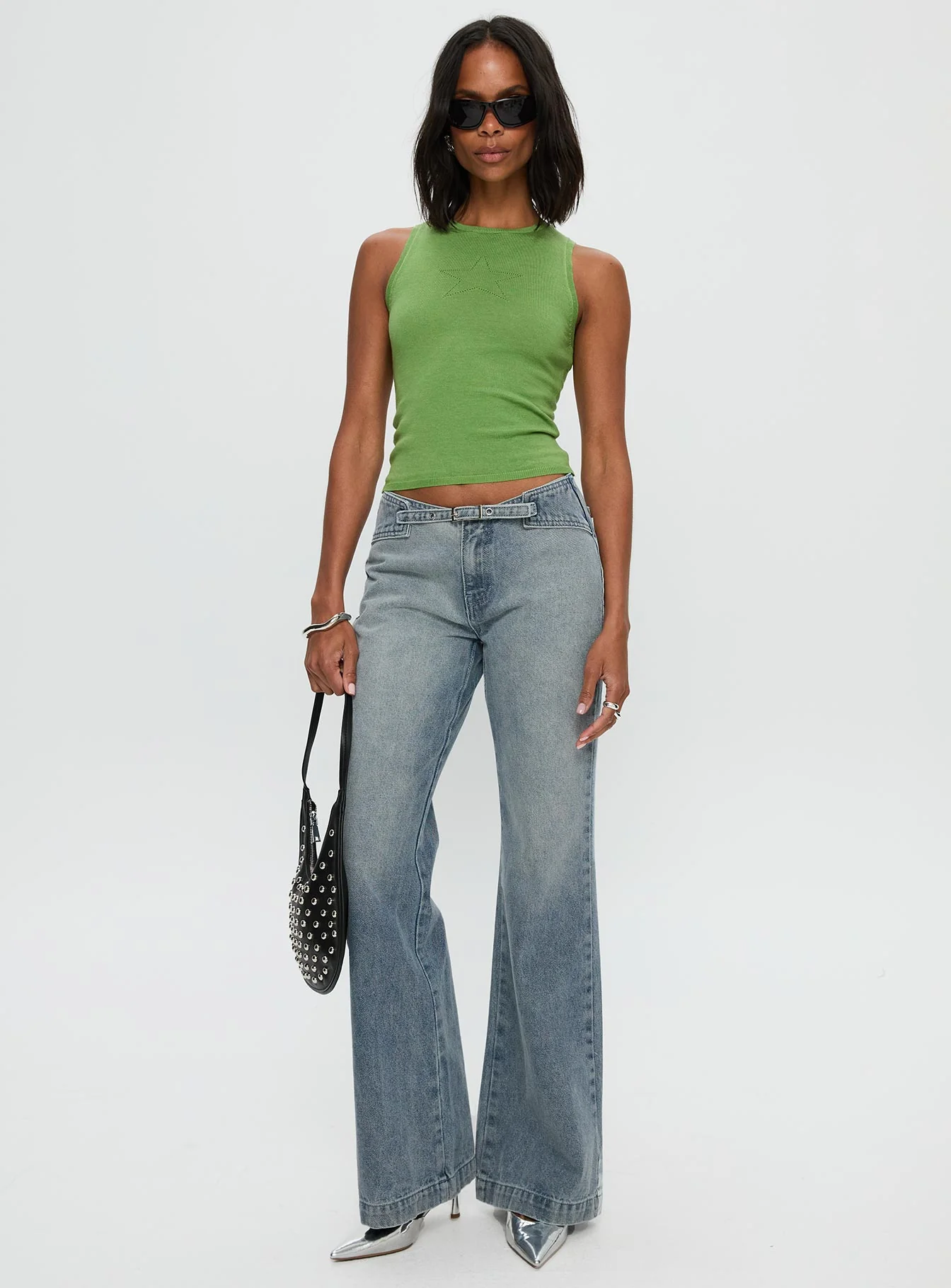 Slow Ride Mid Rise Bootleg Belted Jeans Light Blue