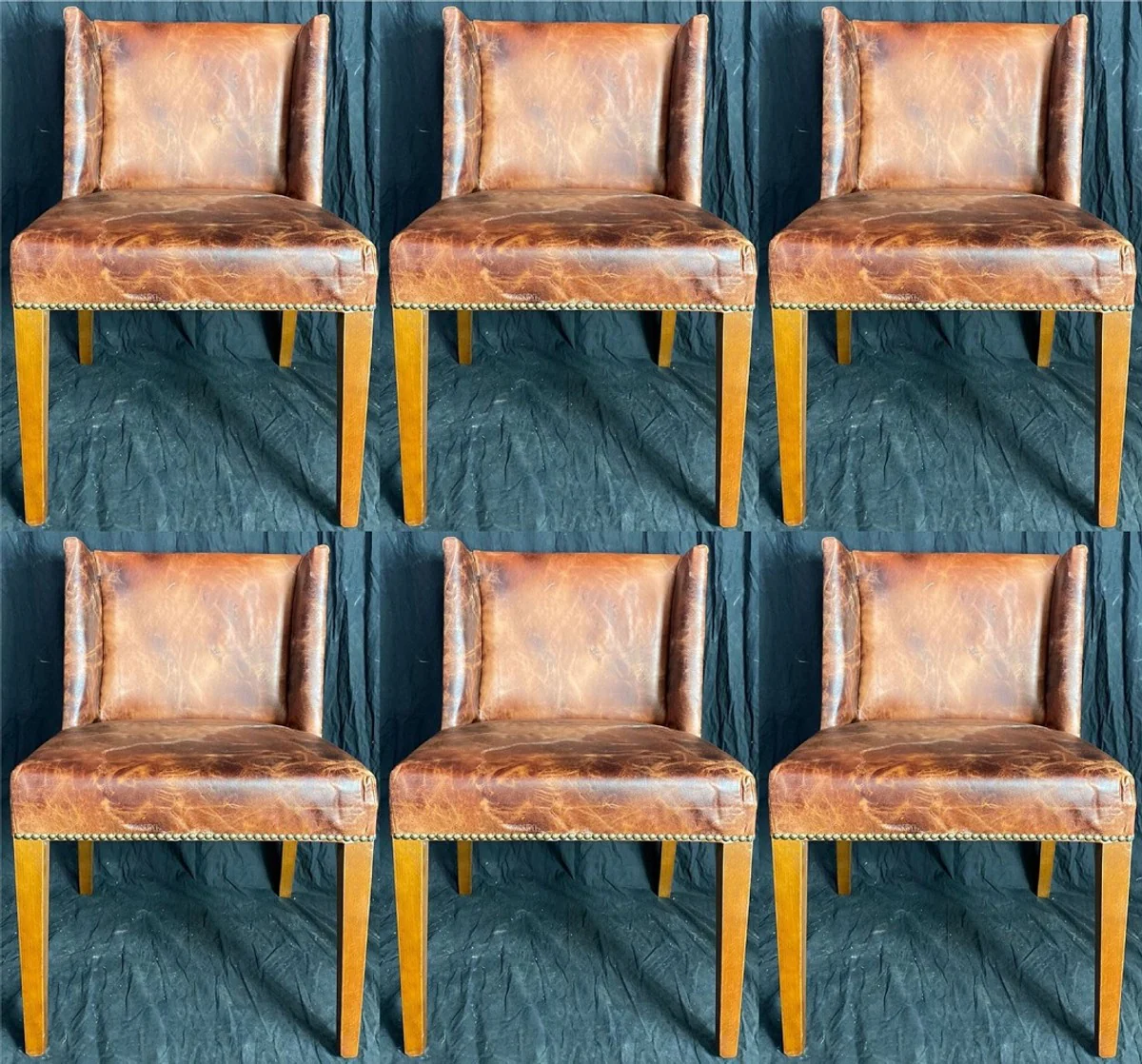 Luxury leather dining room chair set vintage brown / light brown 56 x 52 x H. 81 cm - genuine leather kitchen chairs set of 6 - dining room furniture - leather furniture - luxury furniture - luxury furnishings